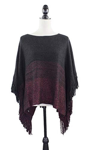stylesilove Womens Knit Two Tone Batwing Fringe Poncho Cardigan Pullover Cozy Sweater Wrap Jacket