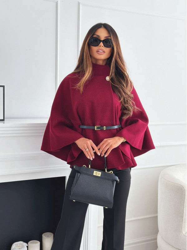 New Stand Collar Batwing Sleeves Cloak Top With Belt Ins Fashion Temperament Jacket Woolen Sweater Outwear Women's Clothing