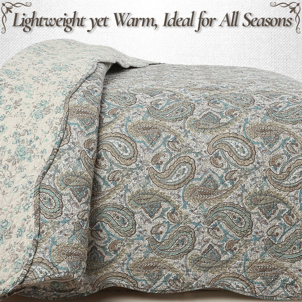 Aquamarine Turquoise Tan Brown Paisley 3 Piece Cotton Quilt Bedding Set