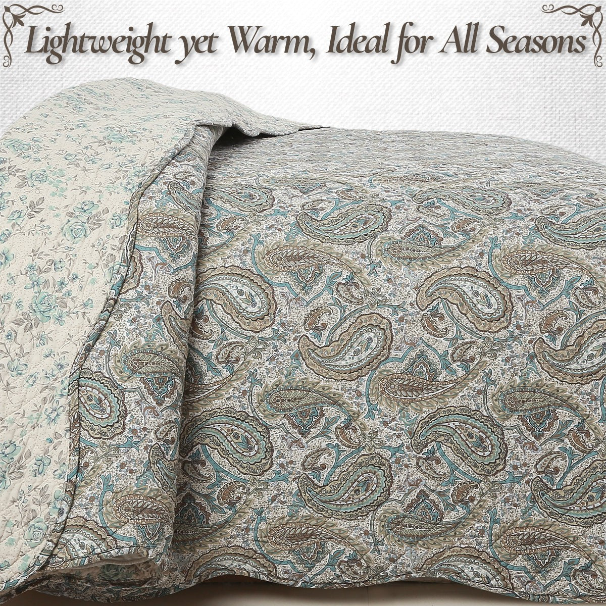 Aquamarine Turquoise Tan Brown Paisley 3 Piece Cotton Quilt Bedding Set