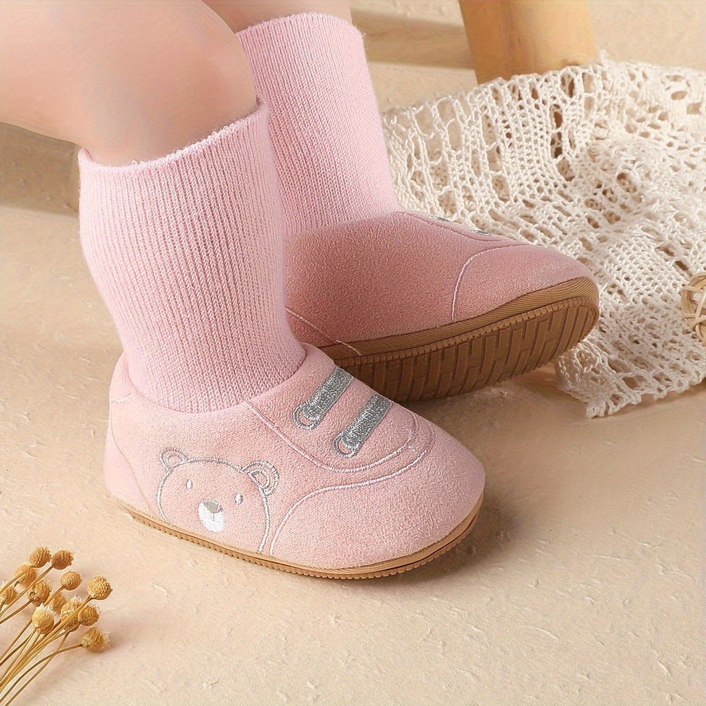 1 Pair Cozy Winter Baby Cartoon Socks with Non-Slip Sole for 0-1 Year Old Boys & Girls - Soft Fleece Lined, Mid-Calf Height | Cute Design for Daily & Casual Wear | Toddler Indoor Shoes with Hook-and-Loop Fastener Closure