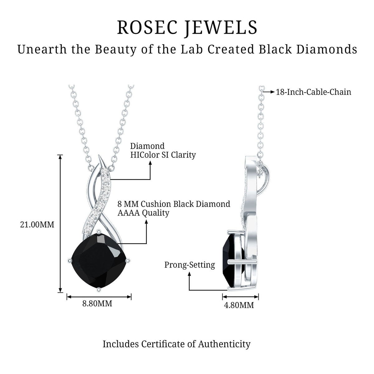 2.83 Carat Cushion Lab Grown Black Diamond Infinity Necklace