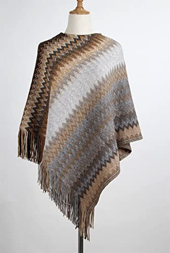 stylesilove Women Autumn Winter Knitted Zig-Zag Pullover Fringe Poncho Sweater Chevron Wrap Cape Lightweight Shawl