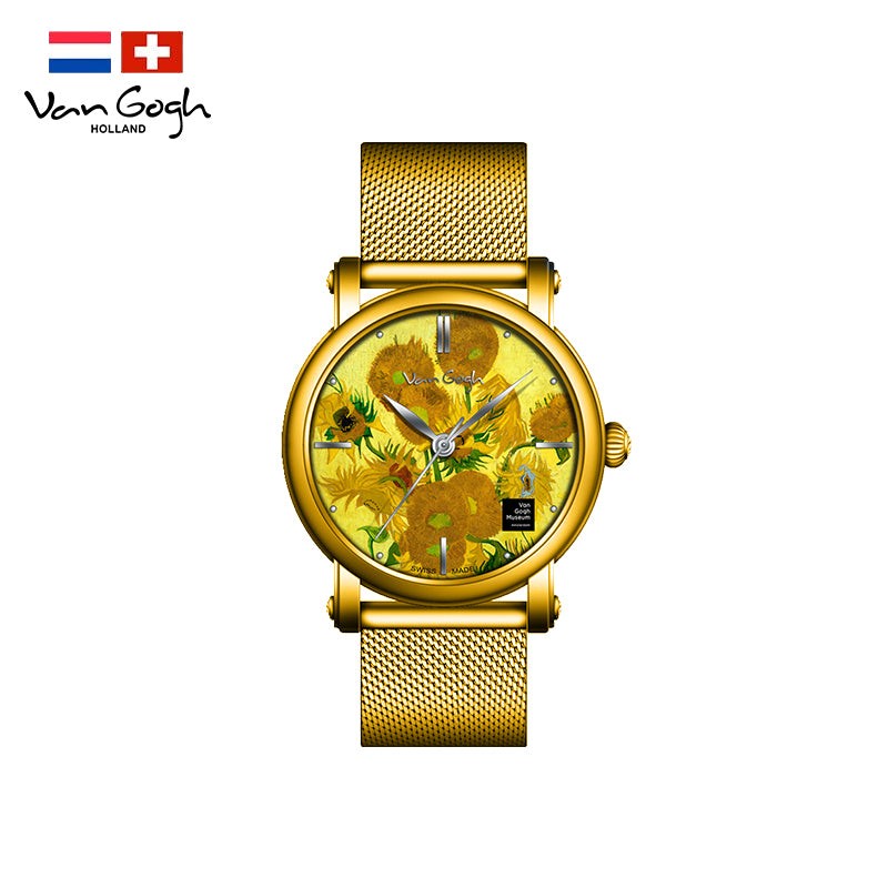 Van Gogh Women's Quartz Watch 3D Printed Oil Painting Dial Steel Strap Sunflowers