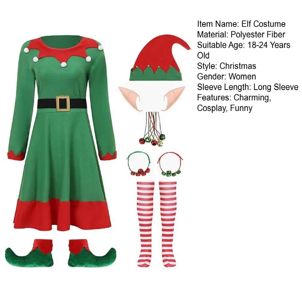 8 Pcs Women Christmas Elf Costume Set Green Xmas Dress Festive Outfit with Elf Ears Hat Shoes Belt Striped Socks