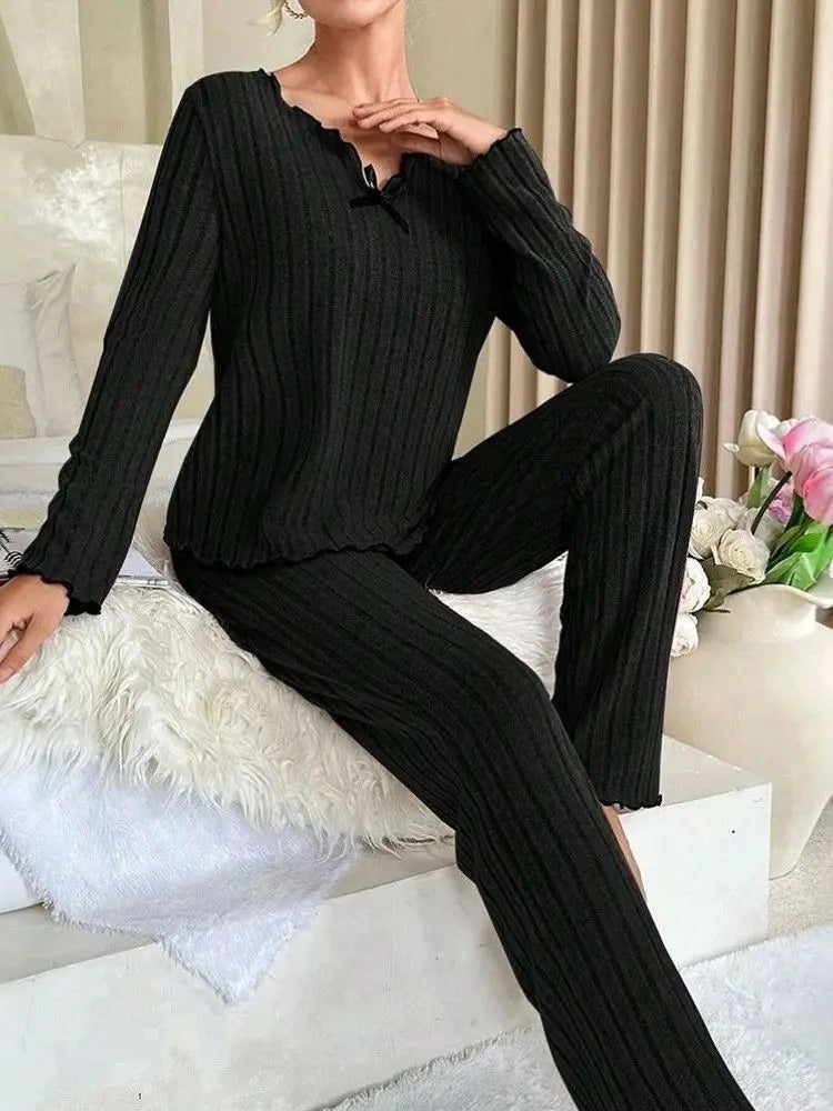 Autumn Winter Warm Flannel Pajamas Set Women Sleepwear Long Sleeve Tee Top and Trousers Casual Homewear Loungewear