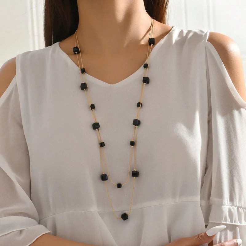 Gold Square Bead Sweater Chain Necklace | Double Layer Glass Pendant Jewelry Women's