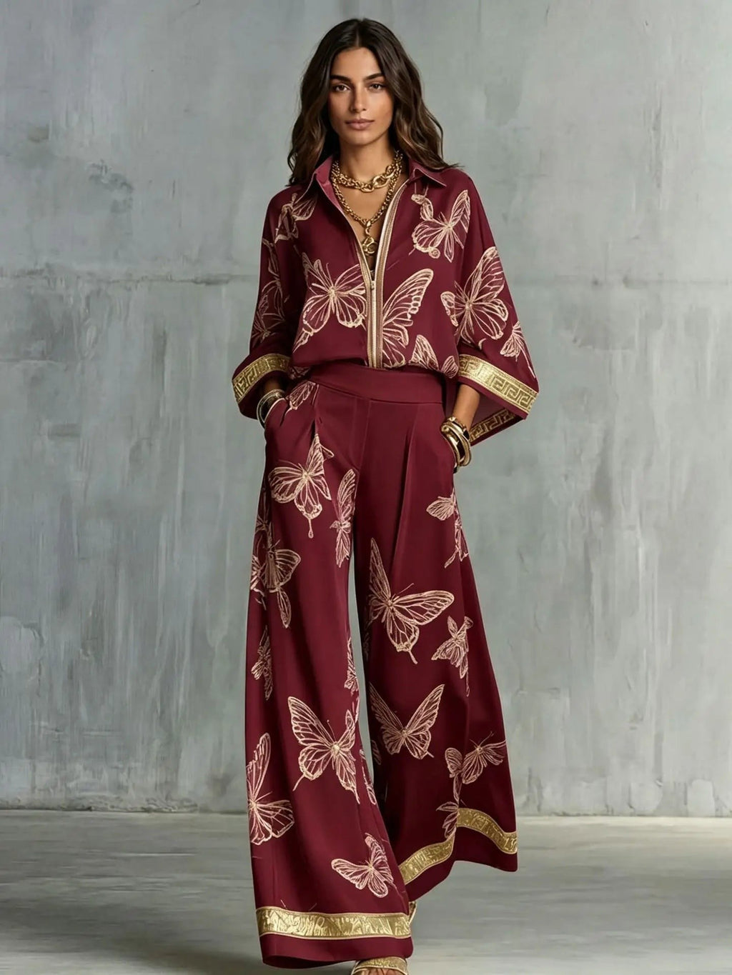 Fashion Set Women's Autumn 2026 New Loose Lapel Zipper Long Sleeve Coat Top Wide Leg Pants Two Piece Set Leisure Print Outfits