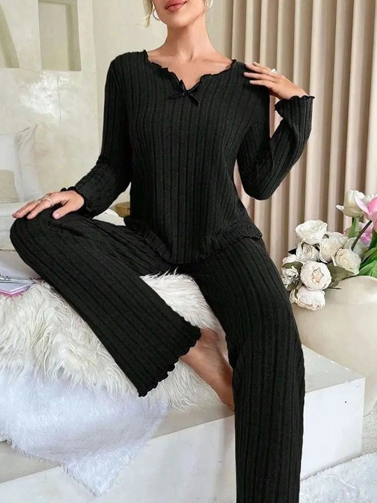 Autumn Winter Warm Flannel Pajamas Set Women Sleepwear Long Sleeve Tee Top and Trousers Casual Homewear Loungewear