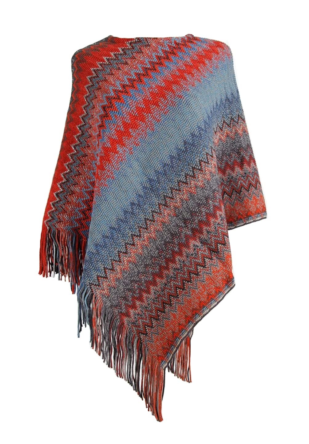 stylesilove Women Autumn Winter Knitted Zig-Zag Pullover Fringe Poncho Sweater Chevron Wrap Cape Lightweight Shawl