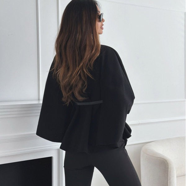 New Stand Collar Batwing Sleeves Cloak Top With Belt Ins Fashion Temperament Jacket Woolen Sweater Outwear Women's Clothing