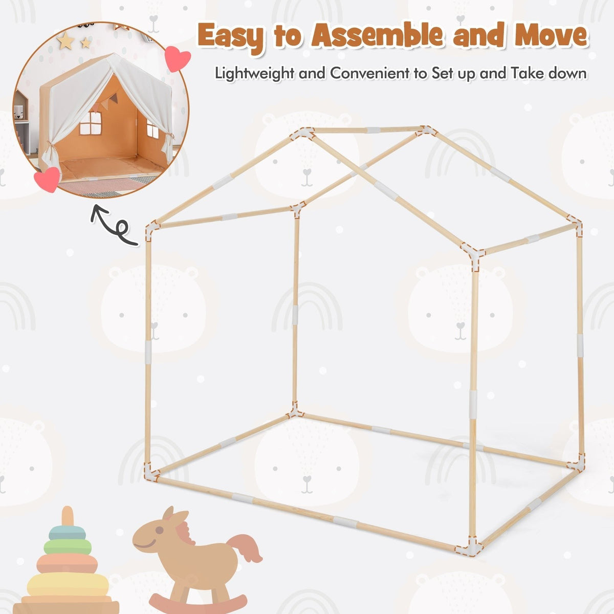 Kid's Play Tent with Washable Cotton Mat and Flag Banner
