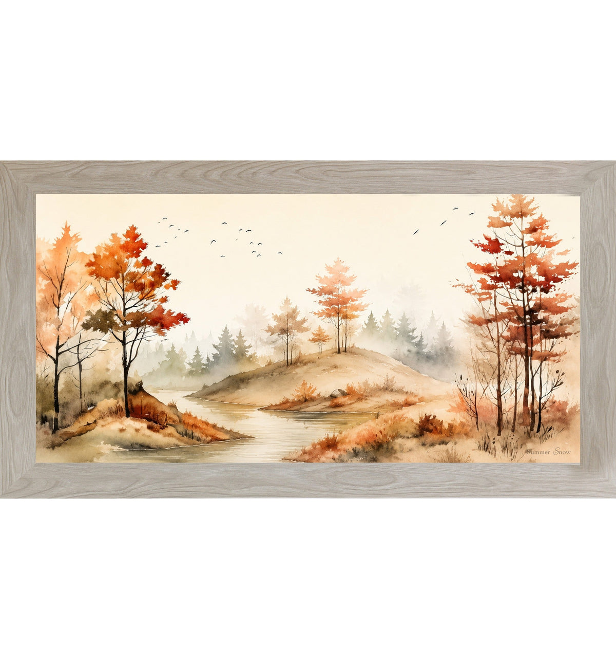 Autumn River Landscape Wall Art – Watercolor Fall Scenic Wide Landscape Farmhouse Decor (SB764)