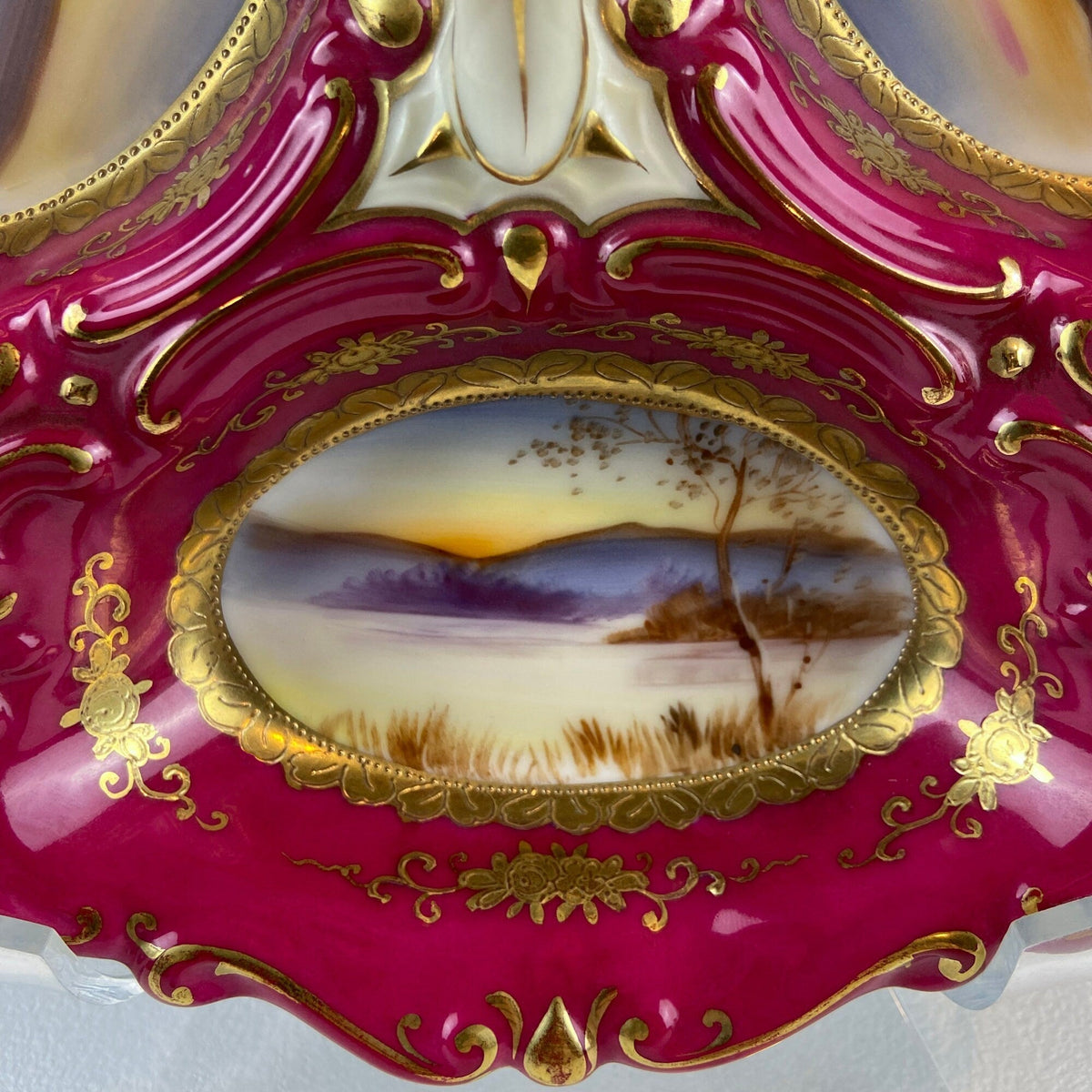 Porcelain Divided Bowl with Handle, Decorated with Three Different Hand Painted Landscapes. Antique Rare Collectible Art Dish.